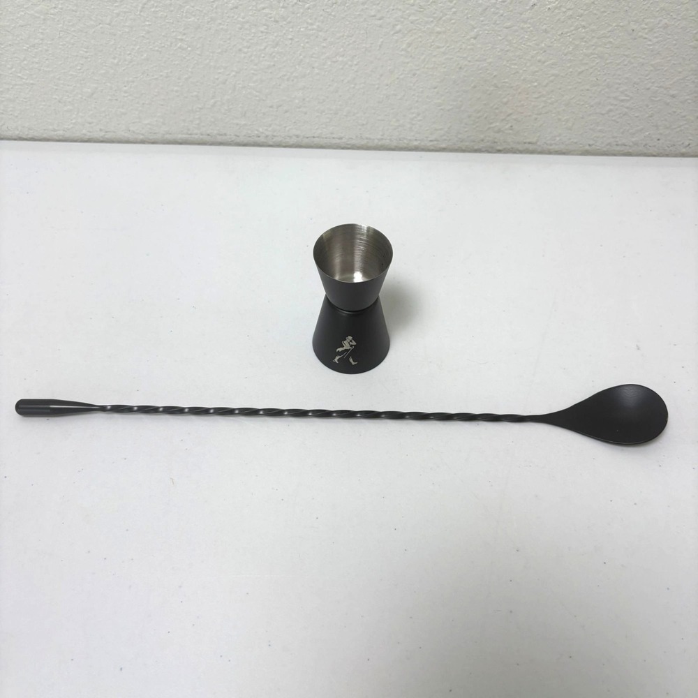 Johnnie Walker Cocktail Jigger and Spoon Stir Measureing Cup Matte Black Logo
